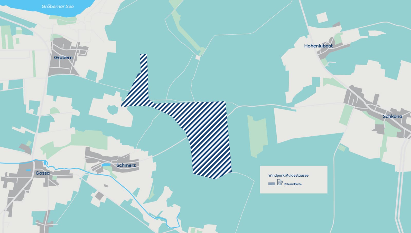 Eine Karte des Windparkbereichs am Mulde-Stausee, markiert mit Streifen zur Kennzeichnung möglicher Standorte für Windturbinen.