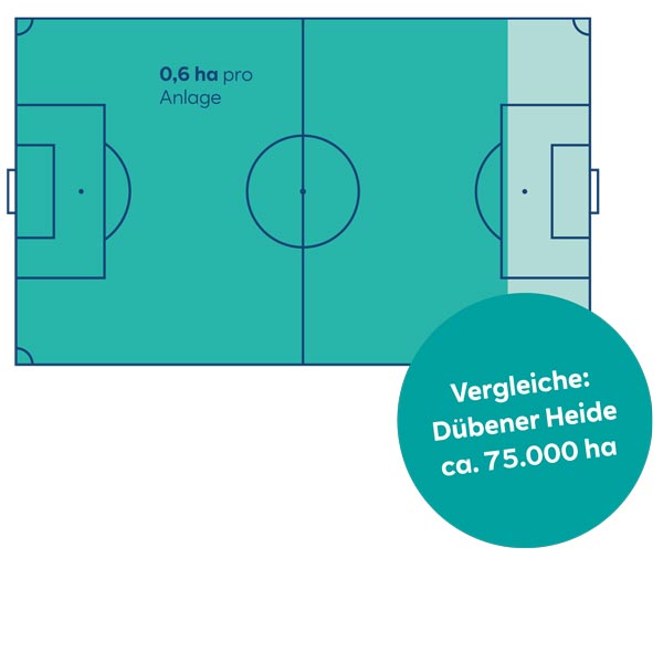 Ein Diagramm eines Fußballfeldes zeigt eine Fläche von 0,6 ha pro Anlage und vergleicht mit der Dübener Heide (ca. 75.000 ha).