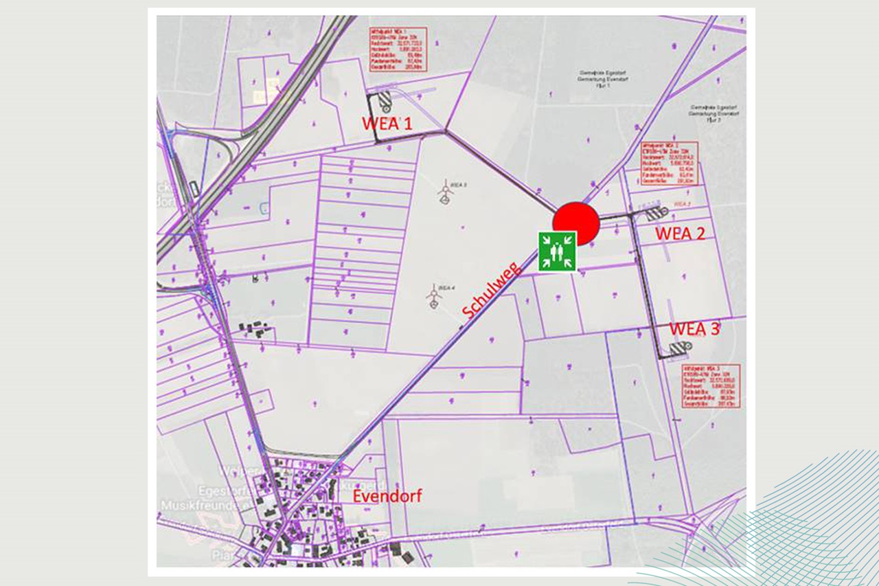 Eine Karte zeigt Windkraftanlagen (WEA 1, 2, 3, 4) in der Nähe von Evendorf, mit Schulweg markiert.