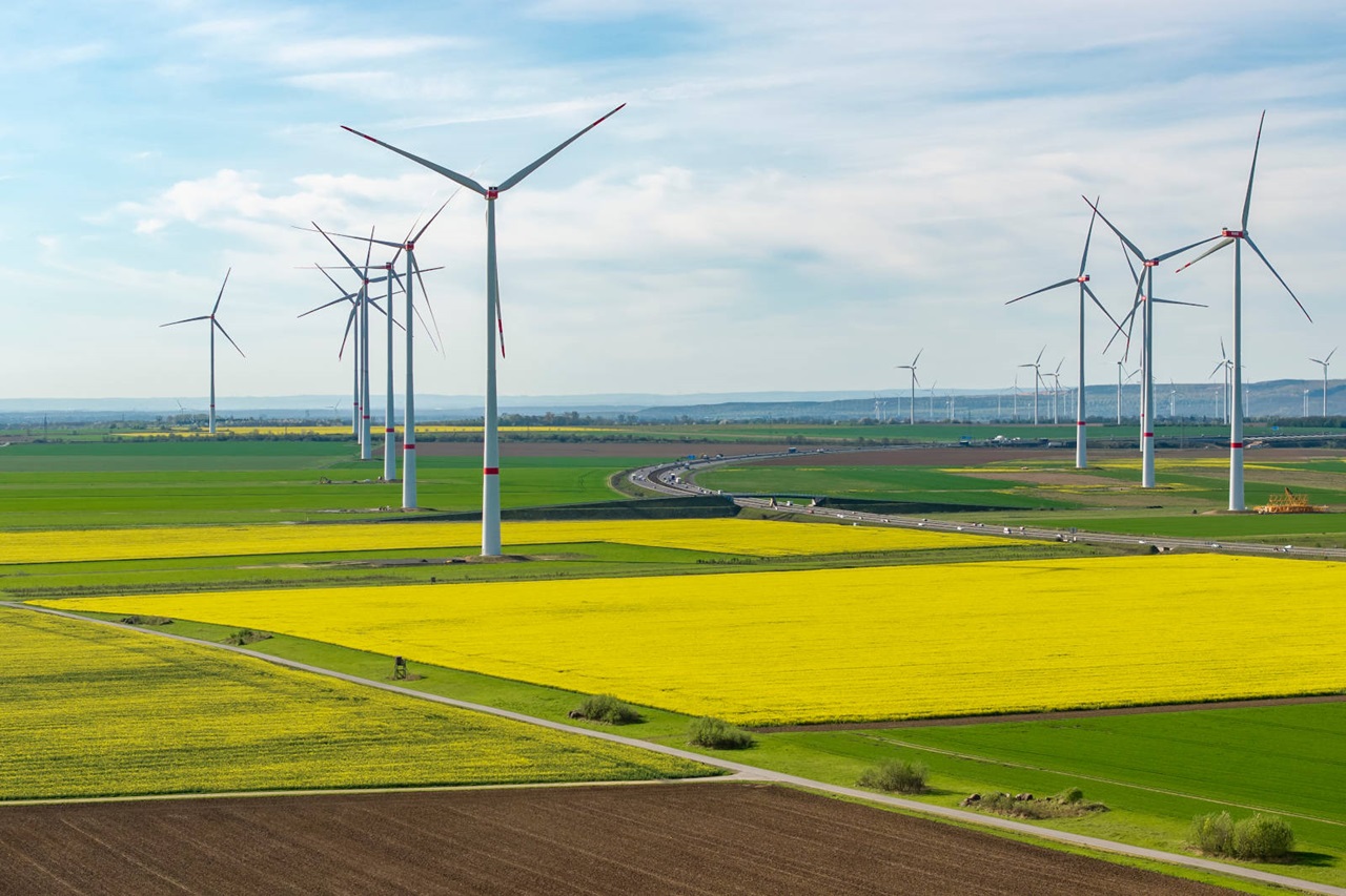Mehrere Windräder stehen auf grünen und leuchtend gelben Rapsfeldern neben einer Landstrasse mit fernen Fahrzeugen unter leicht bewölktem Himmel.