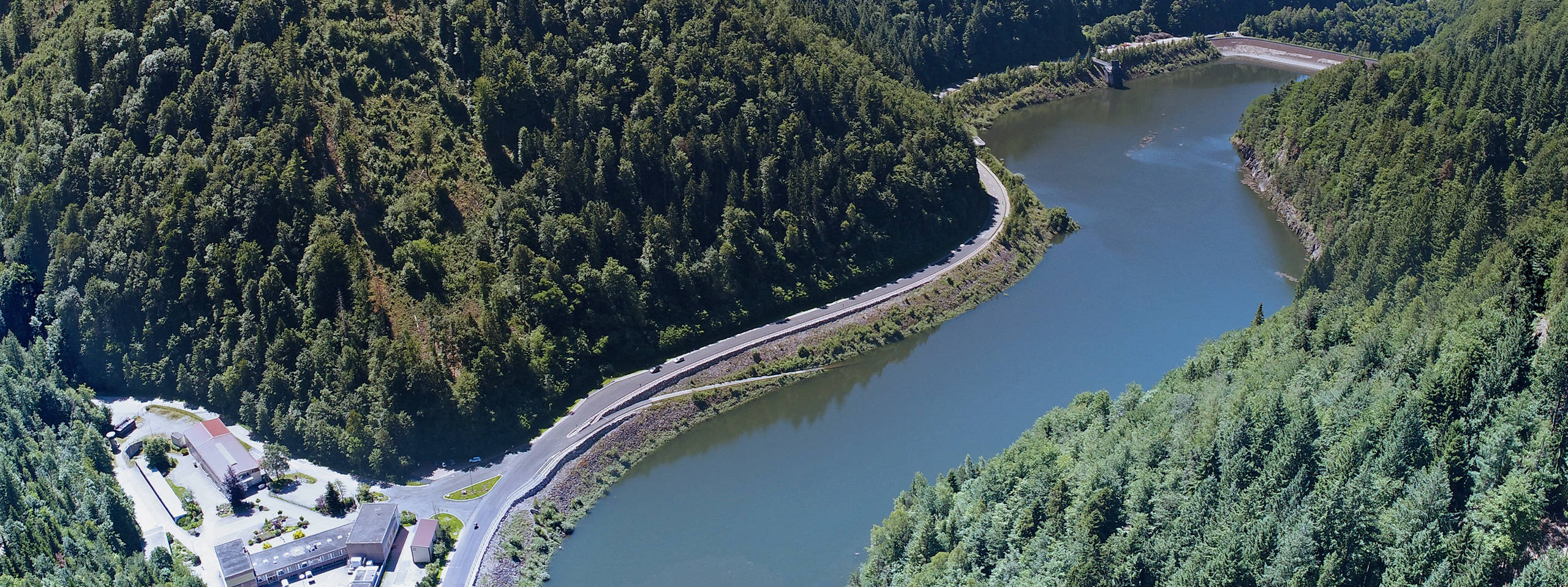 Aerial view of a river surrounded by dense forests and a road winding along the bank.