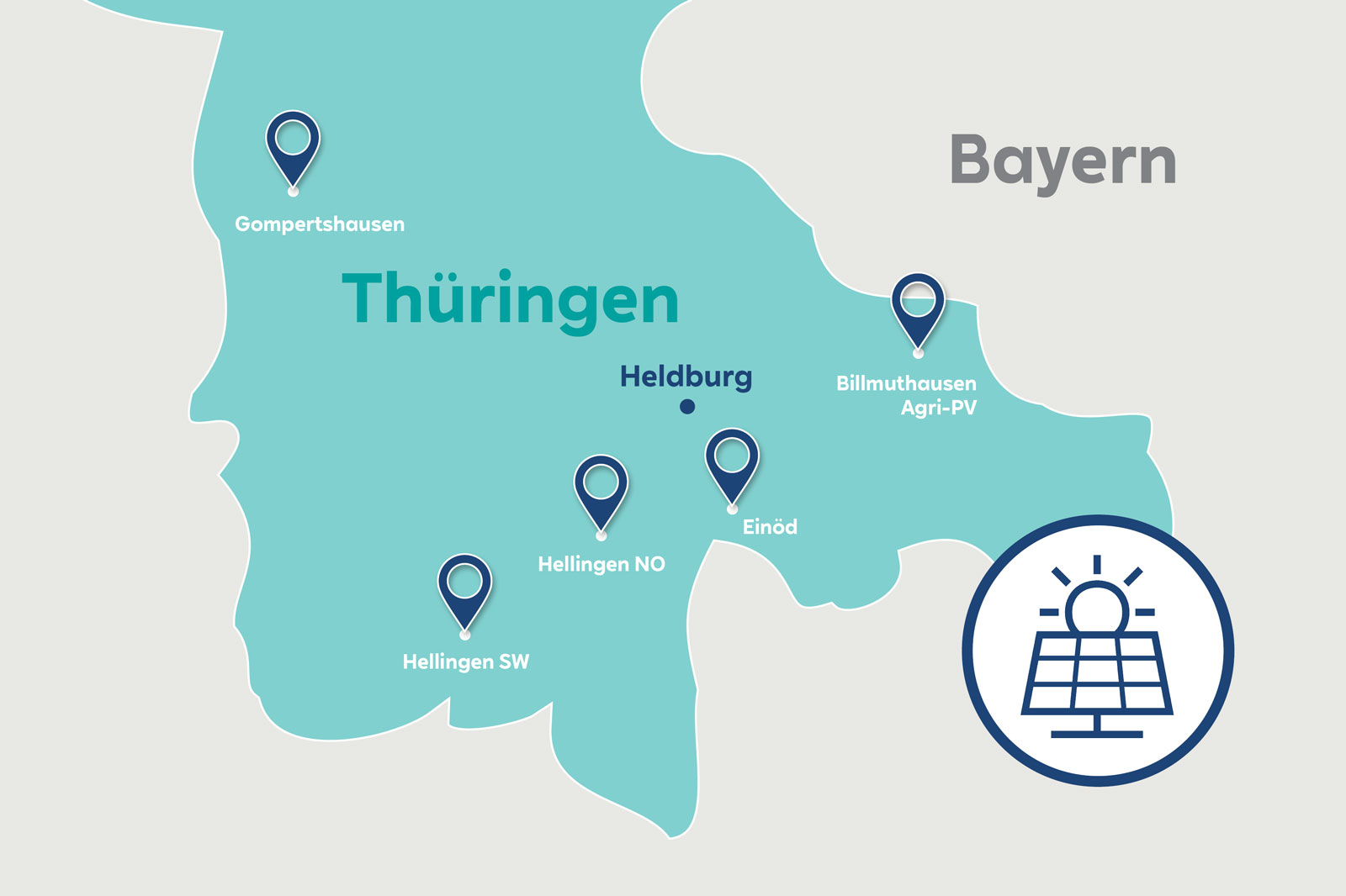 Karte von Thüringen mit Standorten, einschließlich Heldburg und einem Solaranlagen-Symbol.