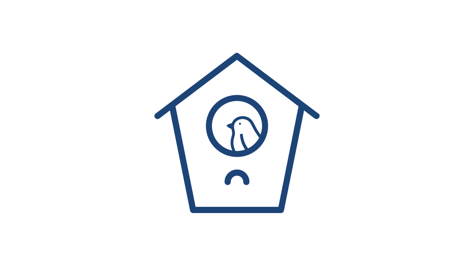 Eine einfache Illustration eines Vogelhauses mit einem Vogel, der im Eingang sichtbar ist, in Blau- und Weißtönen gestaltet.