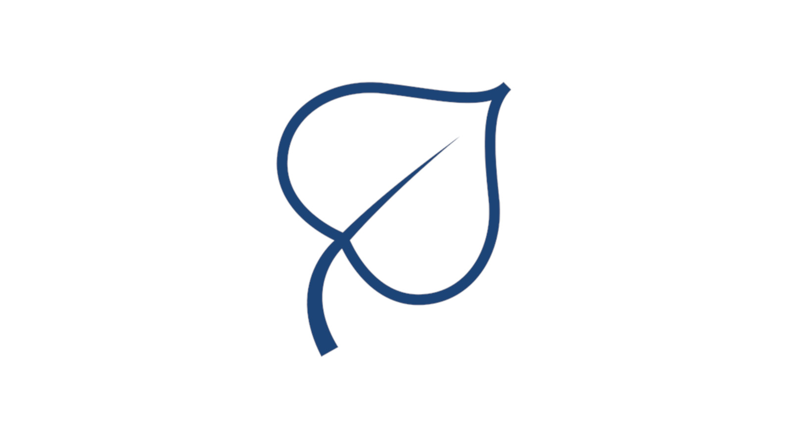 Eine einfache blaue Umrisszeichnung eines Blattes auf weißem Hintergrund, die Natur oder Nachhaltigkeit repräsentiert.