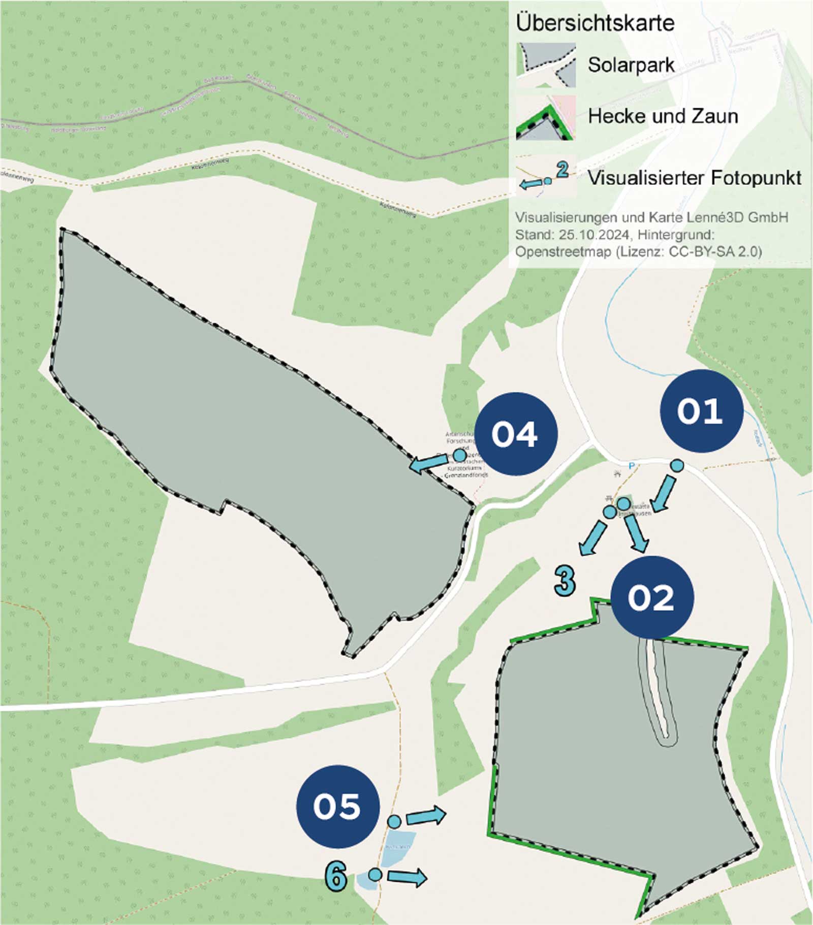 Eine detaillierte Karte des Gebiets, die den Solarpark, Wege, Visualisierungspunkte und nummerierte Abschnitte zur Navigation zeigt.