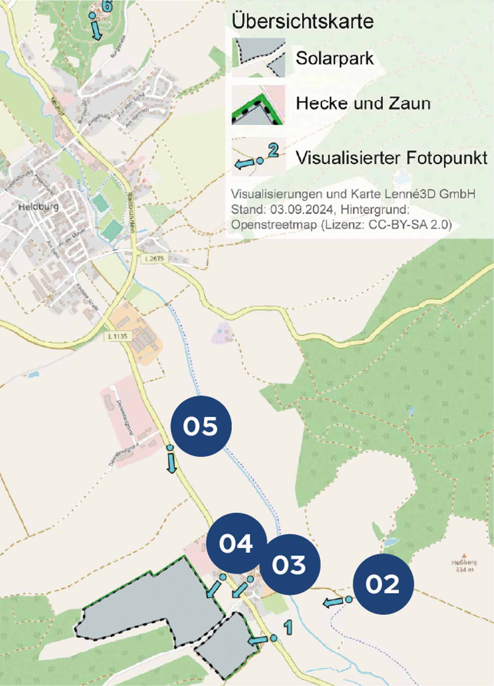 Übersichtskarte zeigt den Standort des Solarparks, Hecken und Fotopunkte in Heldburg mit nummerierten Markierungen.