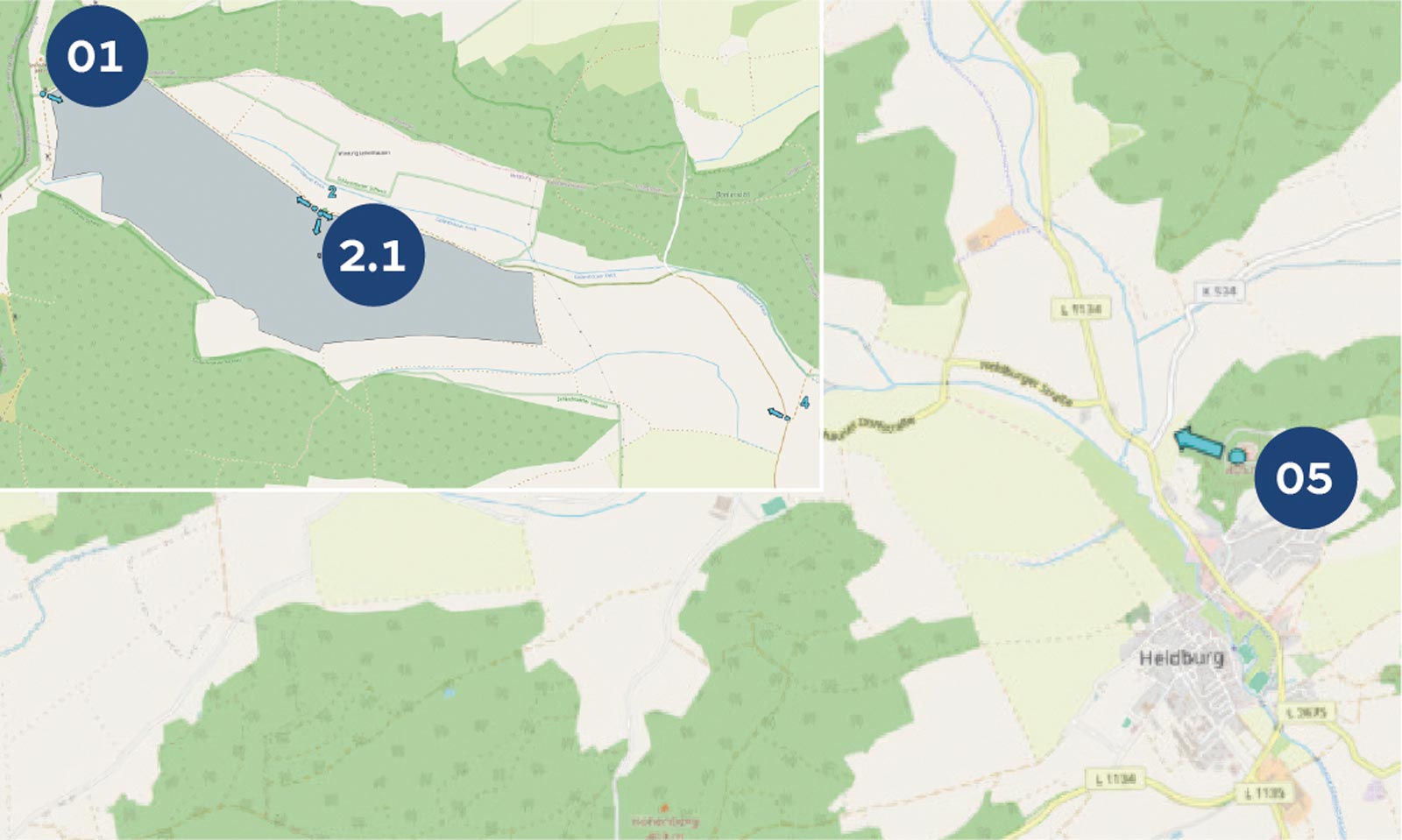 Eine detaillierte Karte zeigt einen See und die umliegende Vegetation, mit Beschriftungen für die Standorte 01, 2.1 und 05.