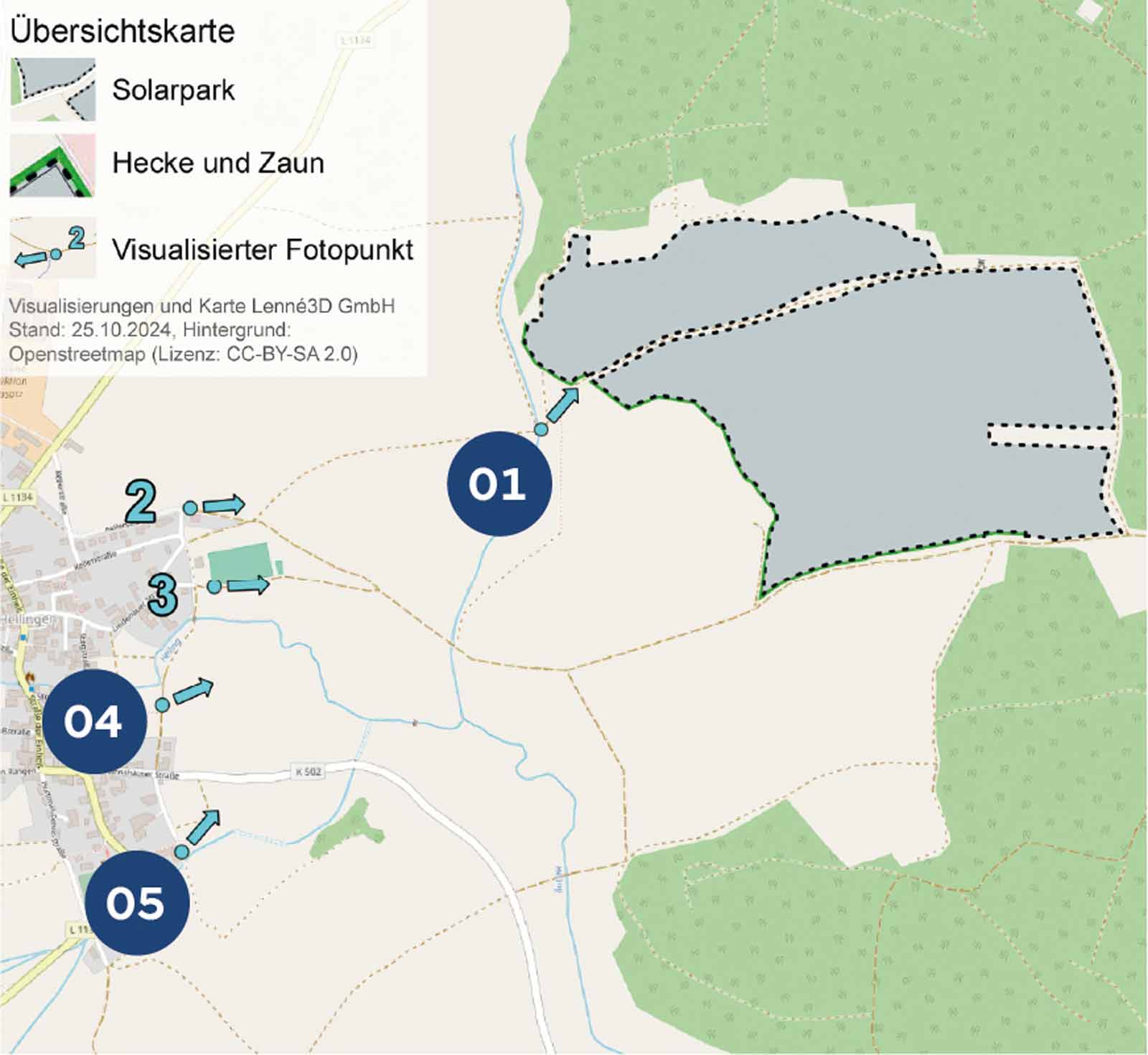 Eine Karte zeigt einen Solarpark, Hecken, einen Zaun und Visualisierungspunkte in der Umgebung mit nummerierten Standorten.