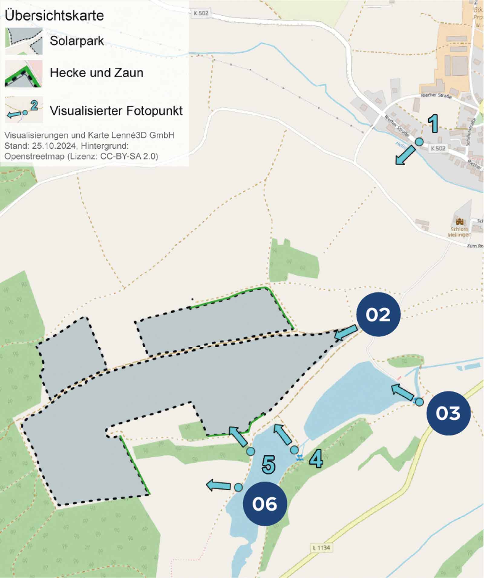 Eine detaillierte Karte zeigt das Layout eines Solarparks, Hecken, Zäune und einen visualisierten Fotopunkt in einer ländlichen Gegend.