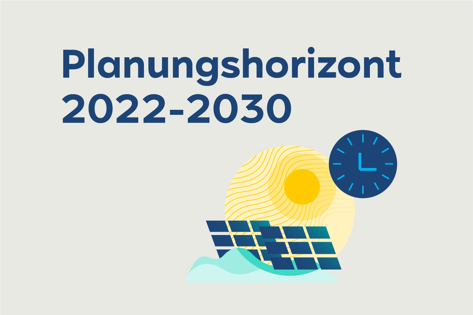 Das Bild zeigt den Titel 'Planungshorizont 2022-2030' mit Solarpanels, einer Sonne und einem Uhrensymbol.