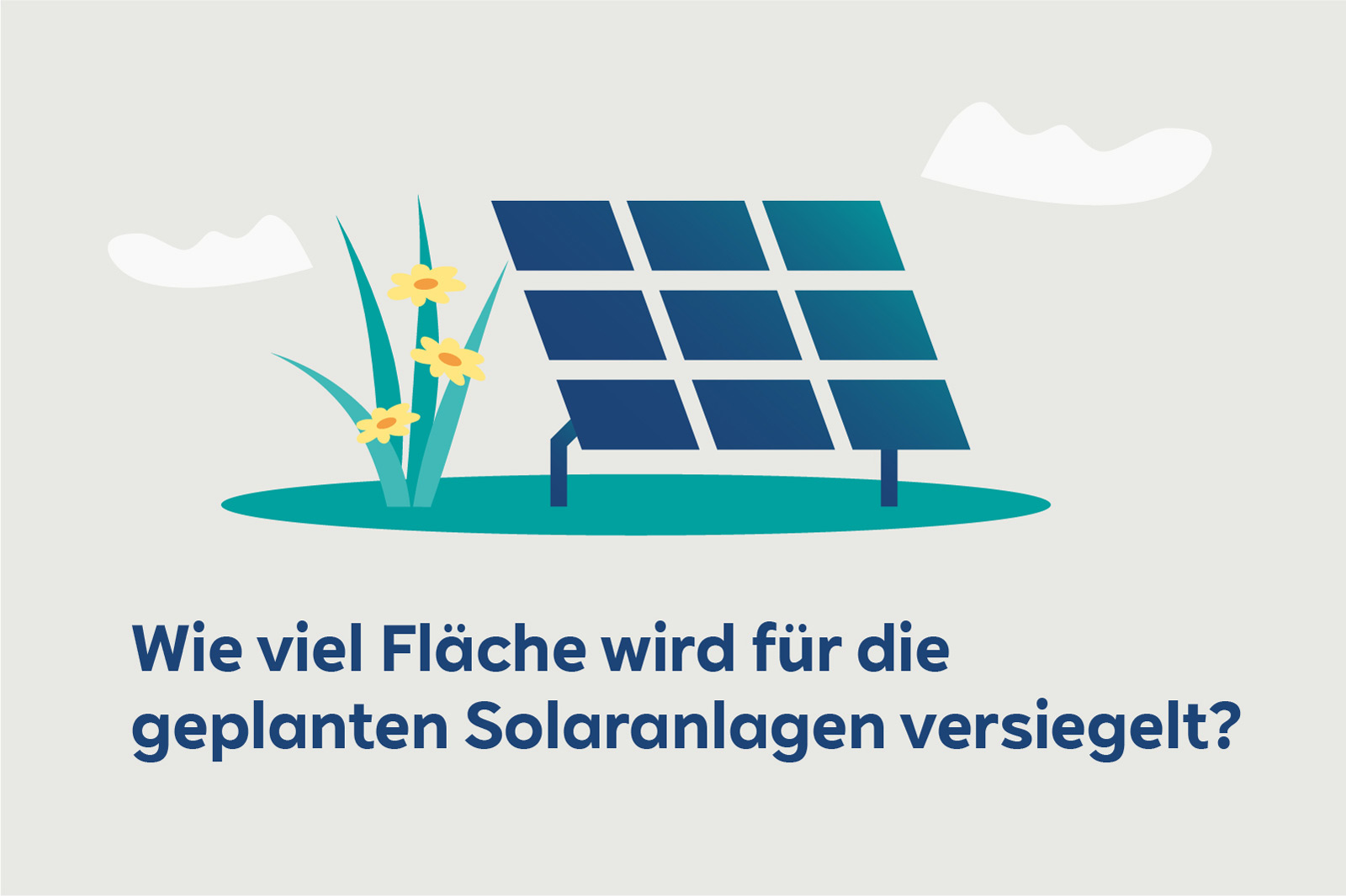 Ein stilisiertes Solarpanel steht auf einer grünen Fläche, umgeben von Gras und gelben Blumen, mit einer Frage in blauer Schrift.
