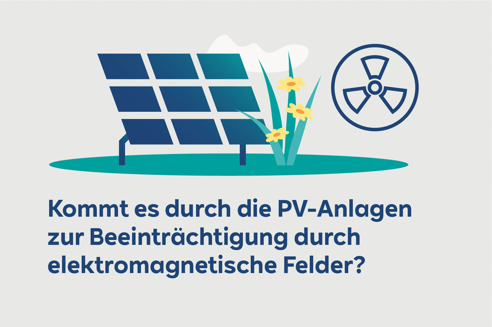 Eine Illustration von Solarpaneln, Blumen und einem Strahlungssymbol mit der Frage zu elektromagnetischen Feldern.