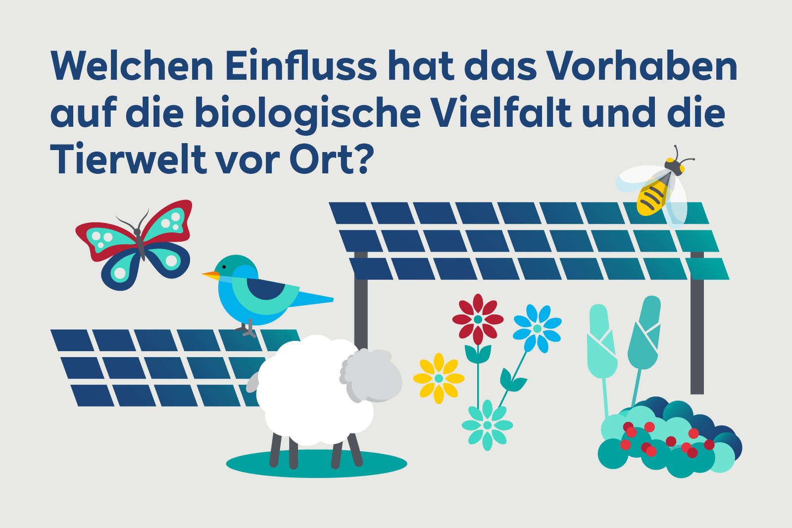 Eine farbenfrohe Illustration von Solarpanels, einem Schaf, einem Vogel, einer Schmetterling und Blumen, die die Biodiversität zeigen.