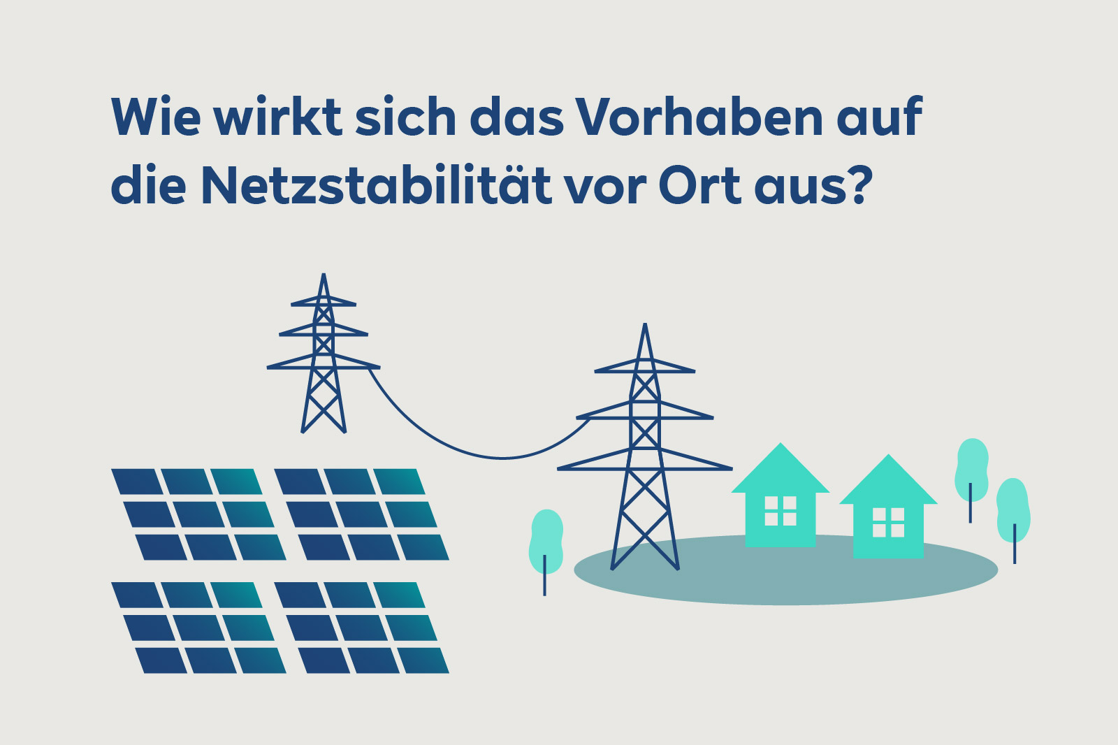 Eine illustrative Grafik zeigt Solarpanels, zwei Häuser, Strommasten und die Frage zur Netzstabilität.