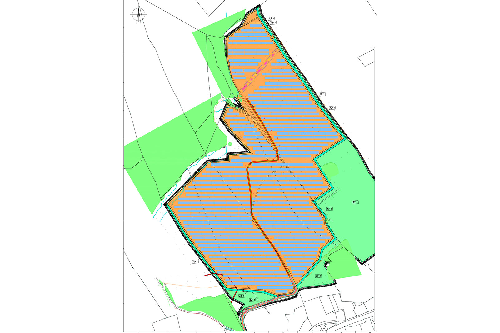 Eine Karte, die ein Grundstück mit blauen und orangefarbenen Abschnitten sowie grünem Gelände zeigt.