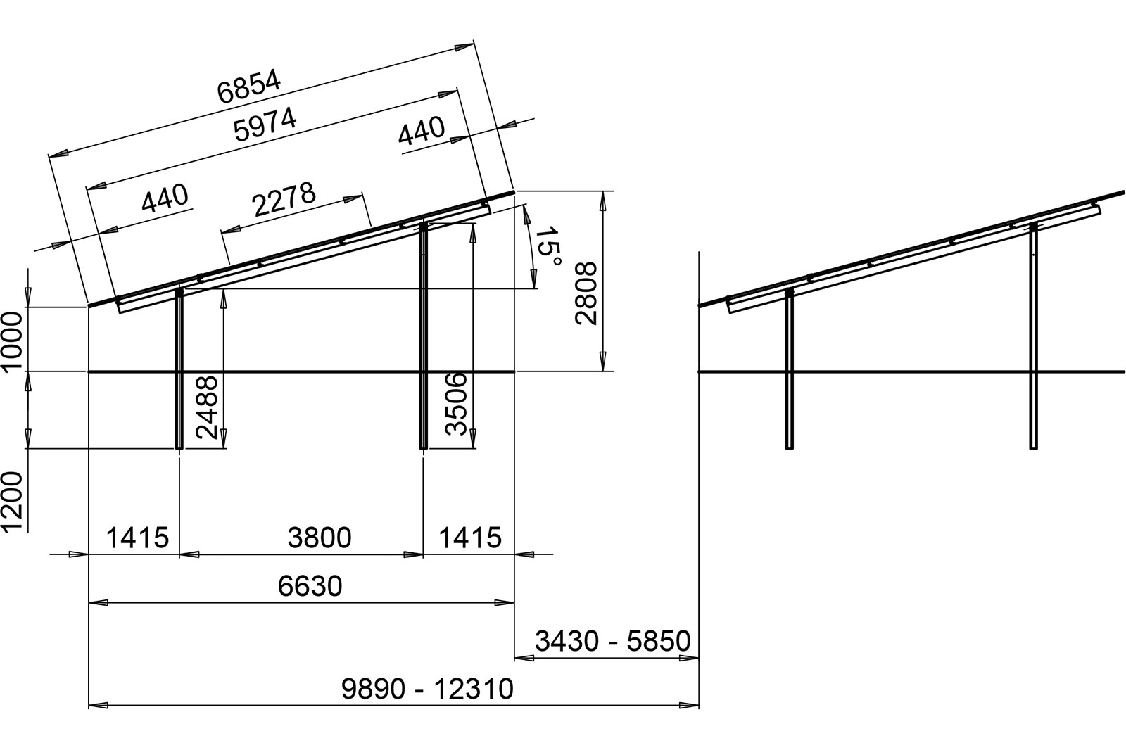 Technische Zeichnung eines geneigten Daches mit Maßen in Millimetern.