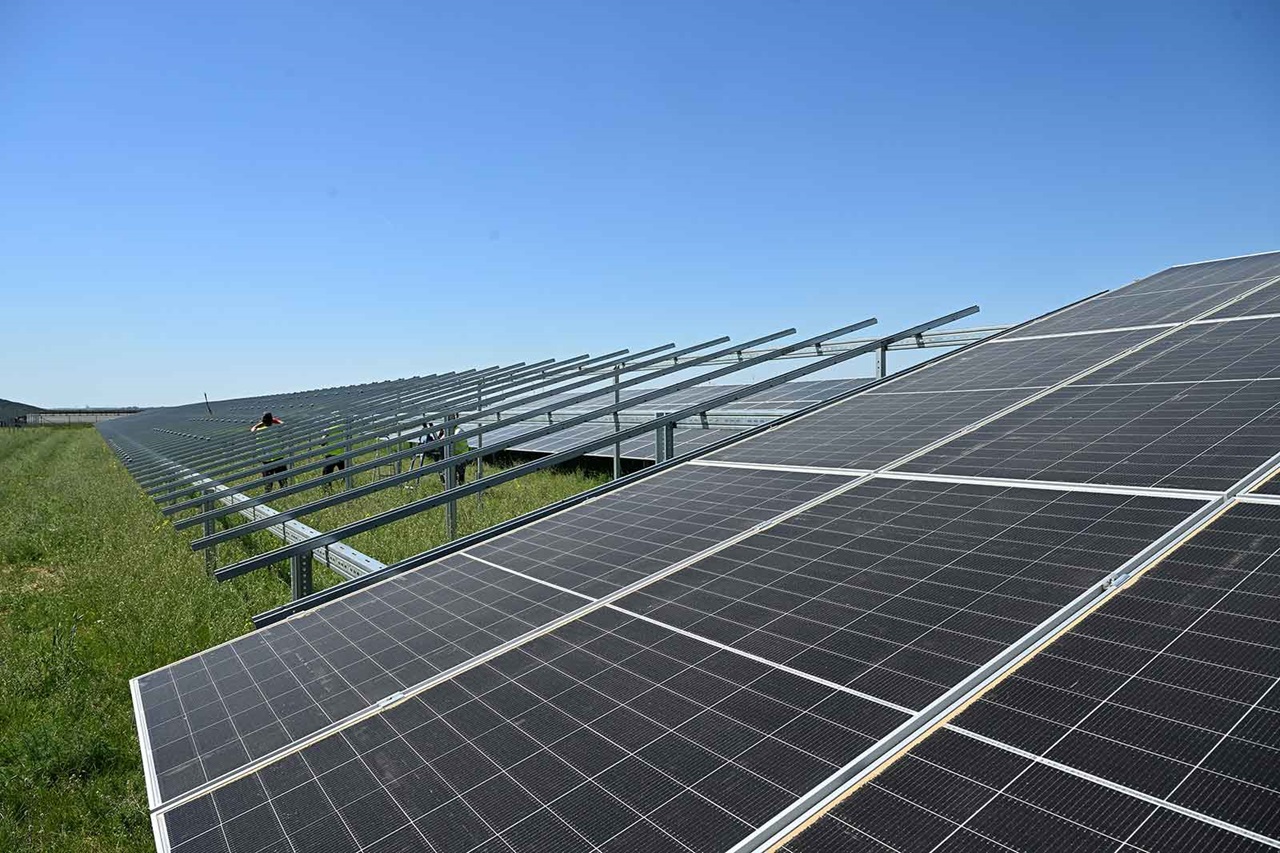Eine Solaranlage mit verschiedenen Fotovoltaik-Panels unter klarem Himmel. Im Hintergrund sieht man einen Arbeiter.