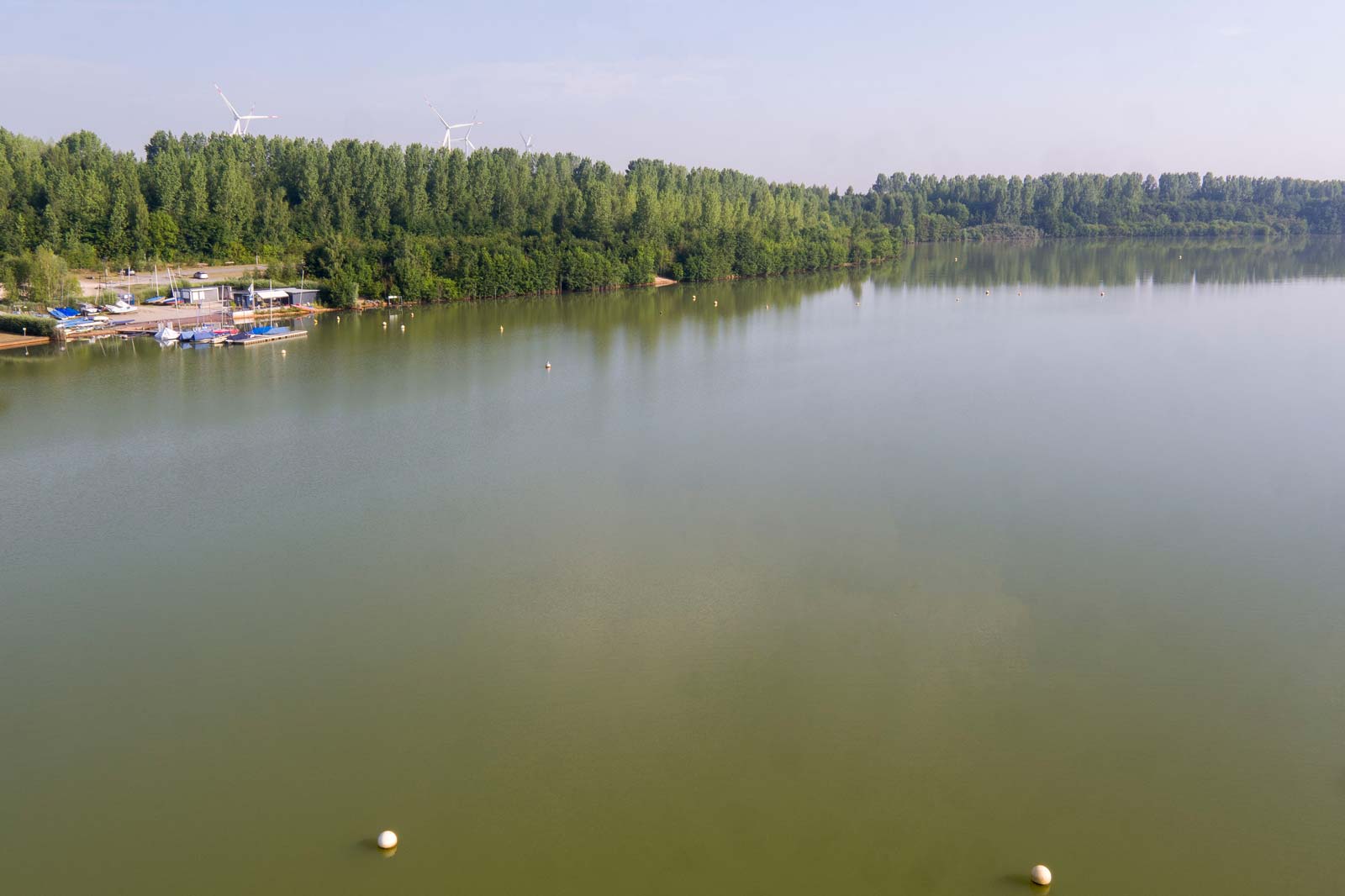 A tranquil lake scene with green vegetation, boats moored, and wind turbines in the background under a clear sky.