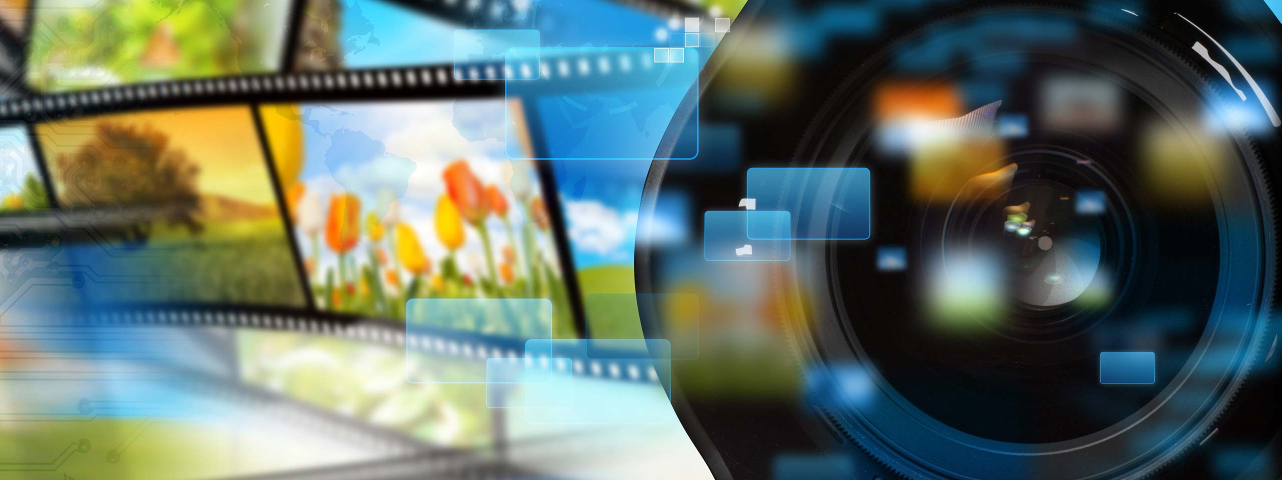 Eine Collage aus Filmstreifen mit farbigen Bildern von Landschaften und Blumen, neben einer Kameraobjektiv-Illustration.