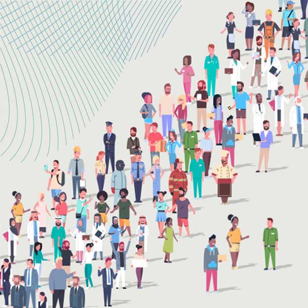 Eine diverse Menschenmenge aus verschiedenen Berufen und ethnischen Hintergründen steht in einer Reihe.