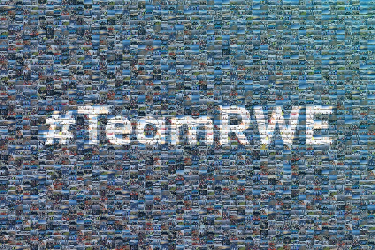 #TeamRWE in einer Fotocollage aus vielen Bildern, die Teamarbeit und Gemeinschaft zeigen.