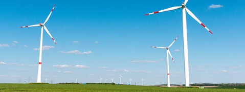 Wind turbines stand on a green field under a clear blue sky with a few clouds.