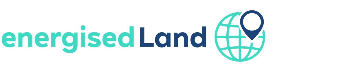 A teal and dark blue flat logo reading "energisedLand" with a stylized globe and location pin on a white background.