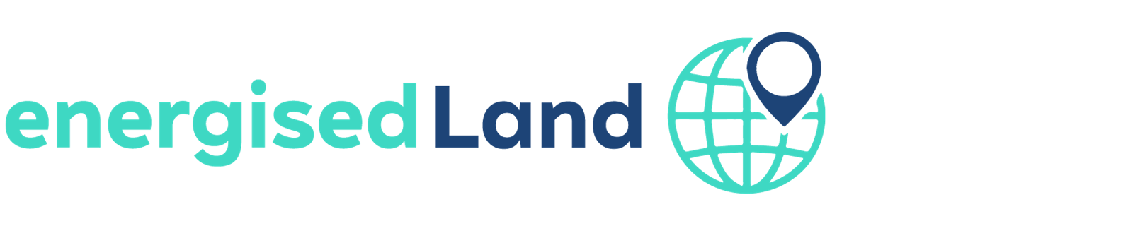 A teal and dark blue flat logo reading "energisedLand" with a stylized globe and location pin on a white background.