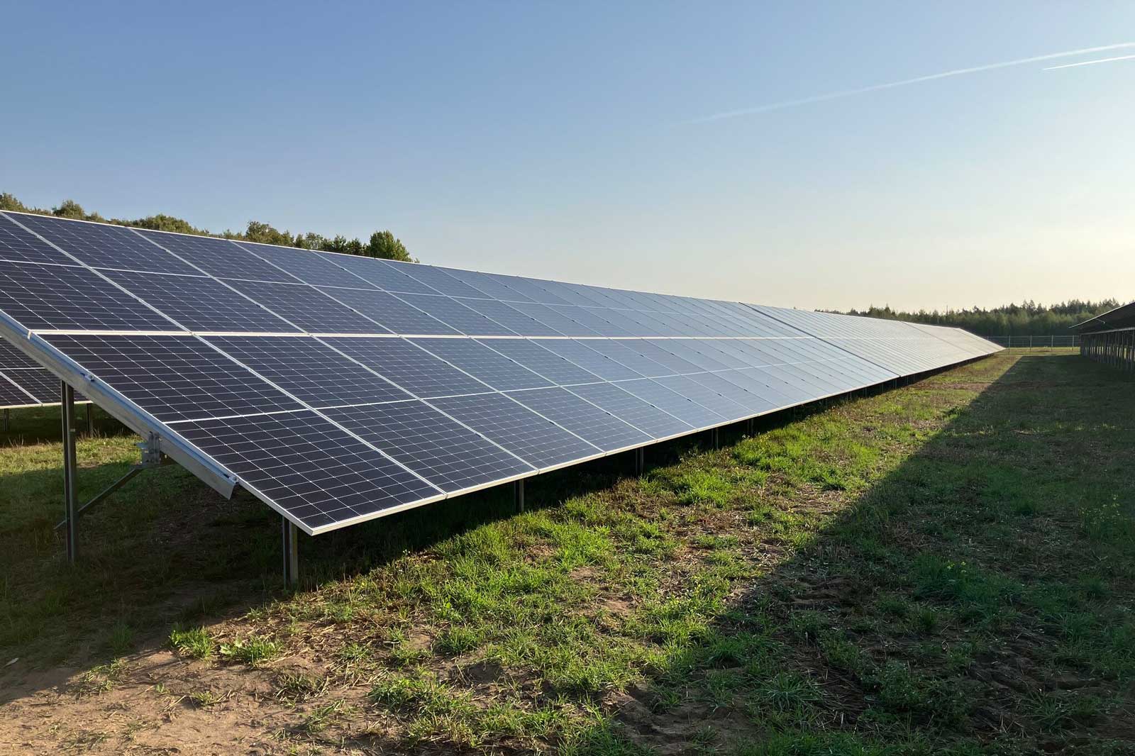 Eine Solaranlage mit mehreren Solarpanelen auf einem Feld unter klarem Himmel.