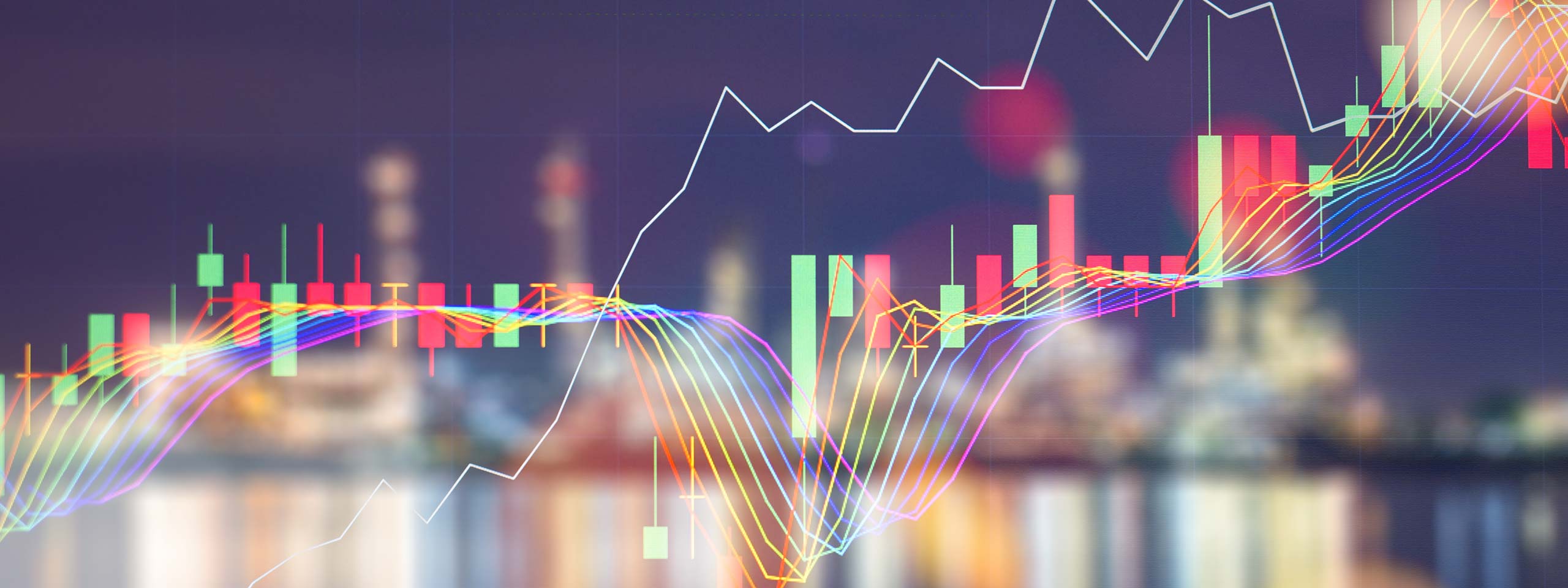 Ein farbenfrohes Finanzdiagramm mit Kerzenmustern und lebhaften Linien, das Markttrends vor einem verschwommenen Stadt Hintergrund zeigt.