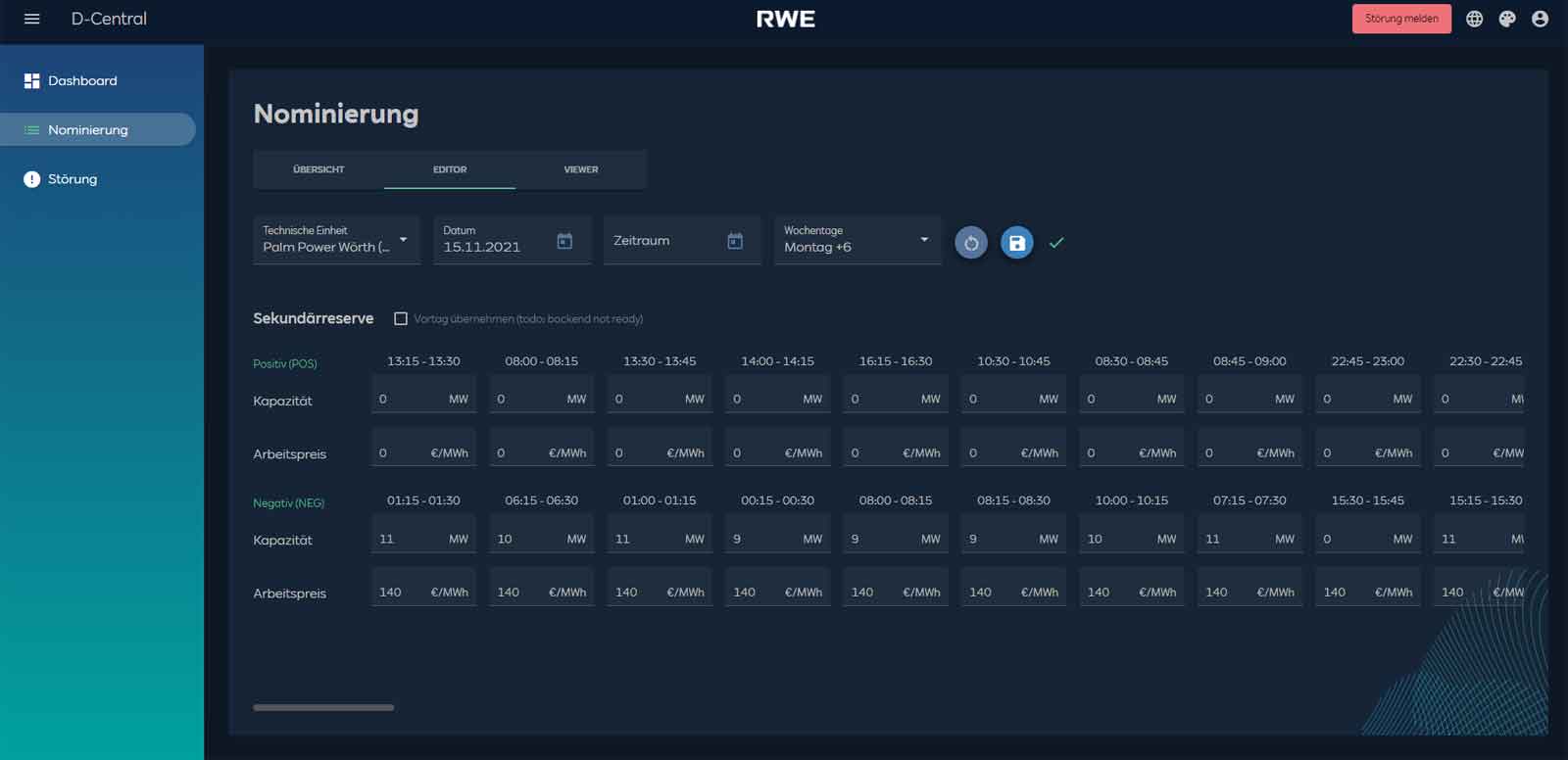 Die D-Central-Oberfläche zeigt die Nominierungsdaten für Palm Power Worth, einschließlich Zeitplänen, Kapazität und Preisen.