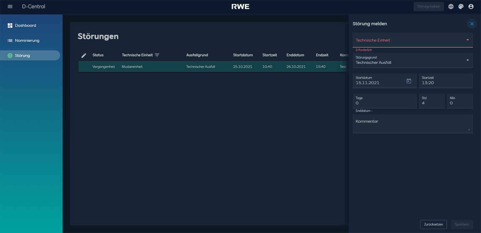 Screenshot der D-Central-Oberfläche, der einen Störungsbericht und relevante technische Details zeigt.