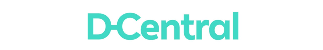 The image displays the DCentral logo in a minimalist style, featuring a light blue font on a white background.