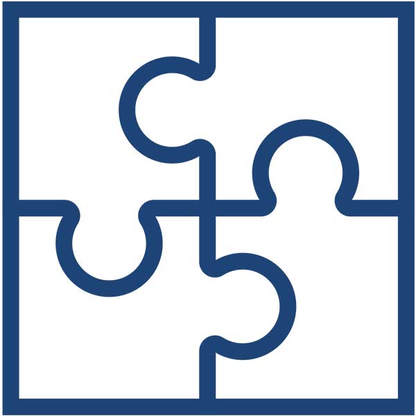 Eine blaue Puzzlestückgrafik mit vier ineinandergreifenden Teilen auf einem weißen Hintergrund.