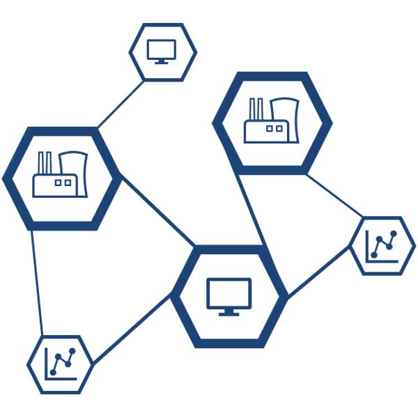 Stylised graphic representation of a network with computers and factories in hexagonal symbols.