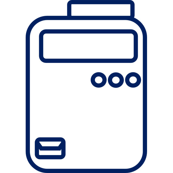 A schematic depiction of a device featuring a screen and three control buttons.