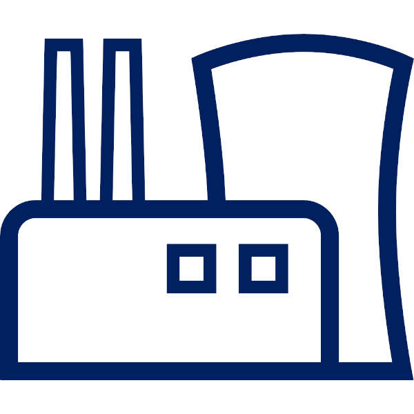 A stylised factory with two chimneys and a large pipe on the right side. The design is simple and blue.