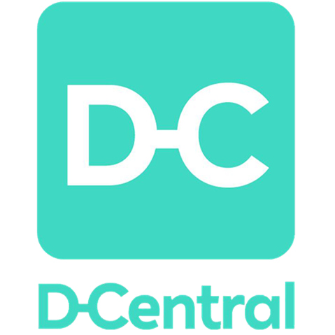 Das Logo von D-Central, mit stilisierten Buchstaben 'D' und 'C' auf einem türkisfarbenen Hintergrund.