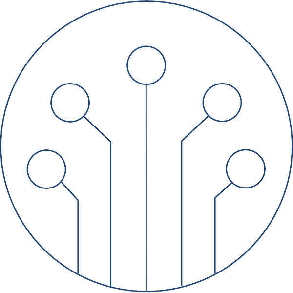 A stylised graphic representation of lines leading to five points, set within a circular design.