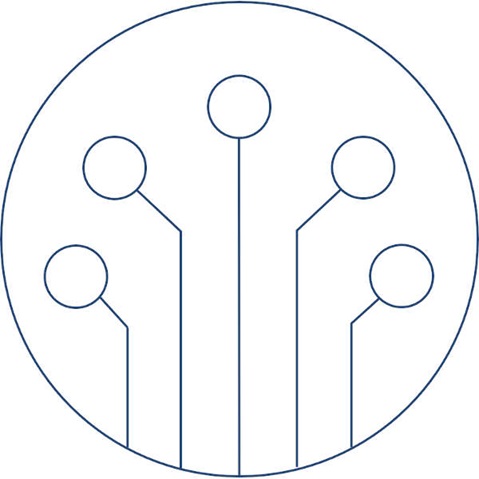 Eine stilisierte grafische Darstellung von Linien, die zu fünf Punkten führen, in einem kreisförmigen Design.