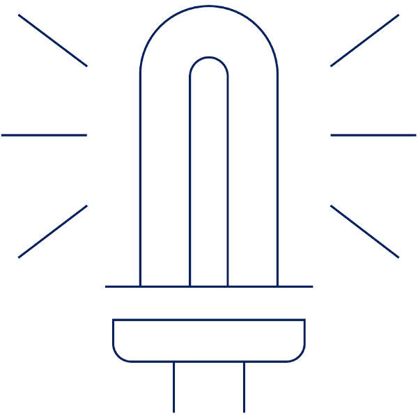A simple outline drawing of a light bulb with rays of light emanating from its base.