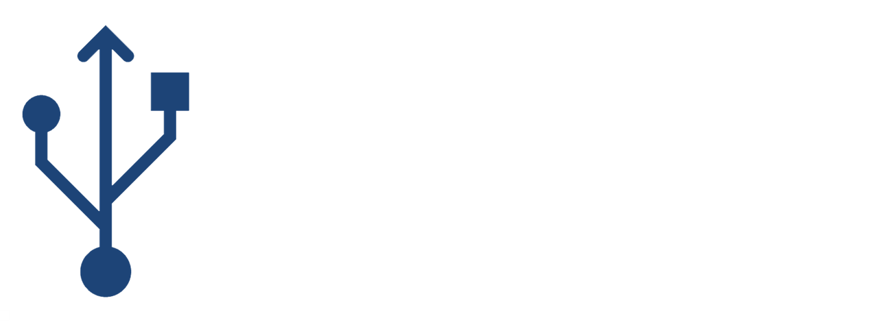 Ein blauer USB-Symbol, das Verbindung darstellt, mit nach oben und zur Seite zeigenden Pfeilen, auf einem hellen Hintergrund.
