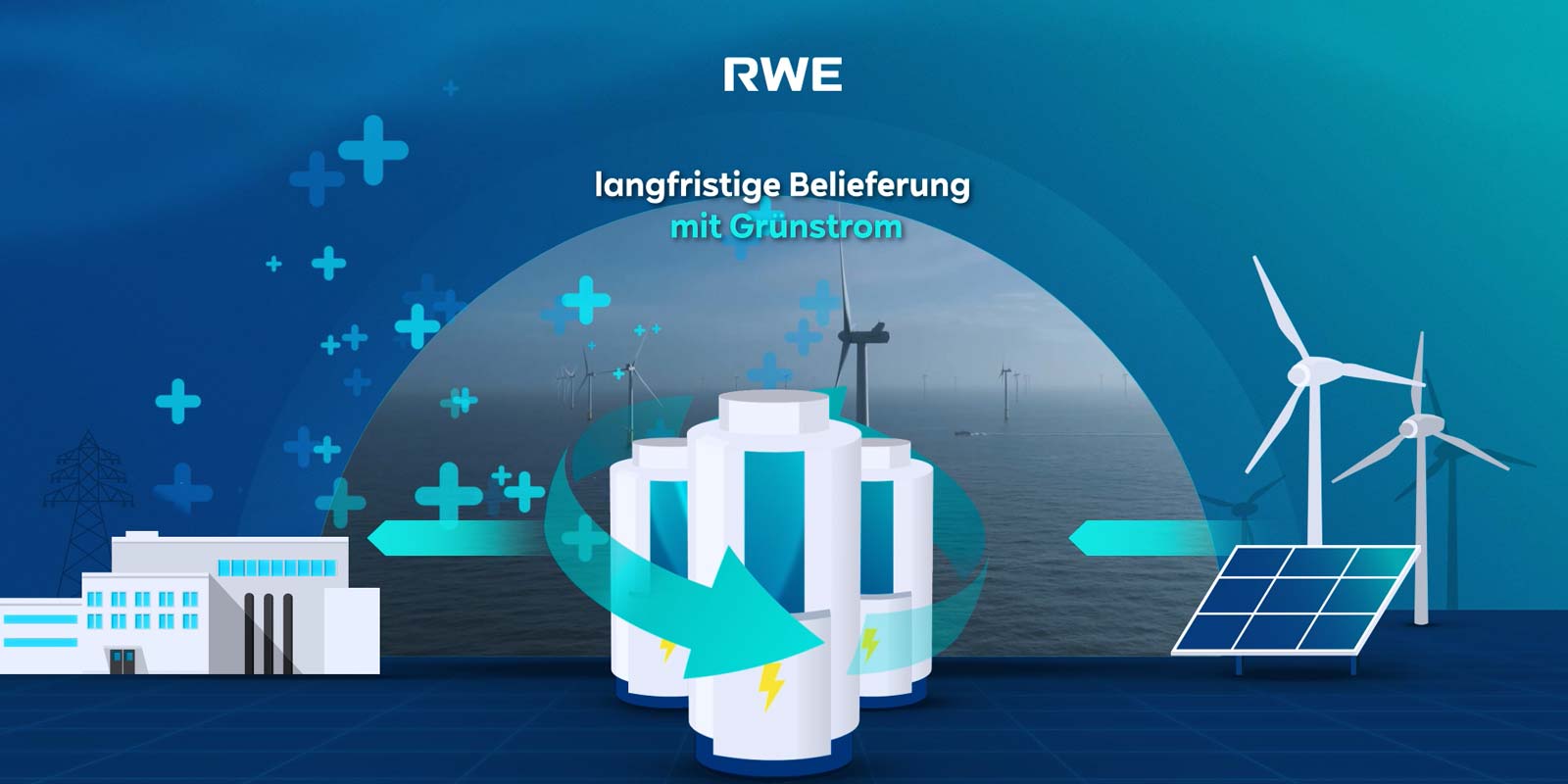 Eine Grafik mit Windkraftanlagen, Solarpanels und Energiespeicher-Symbolen, die eine nachhaltige Energieversorgung von RWE fördert.