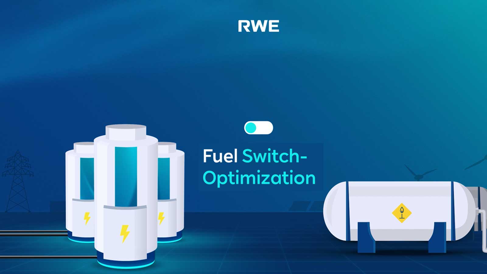 An illustration showing fuel switch optimisation with energy storage units and a storage tank, featuring the RWE logo.