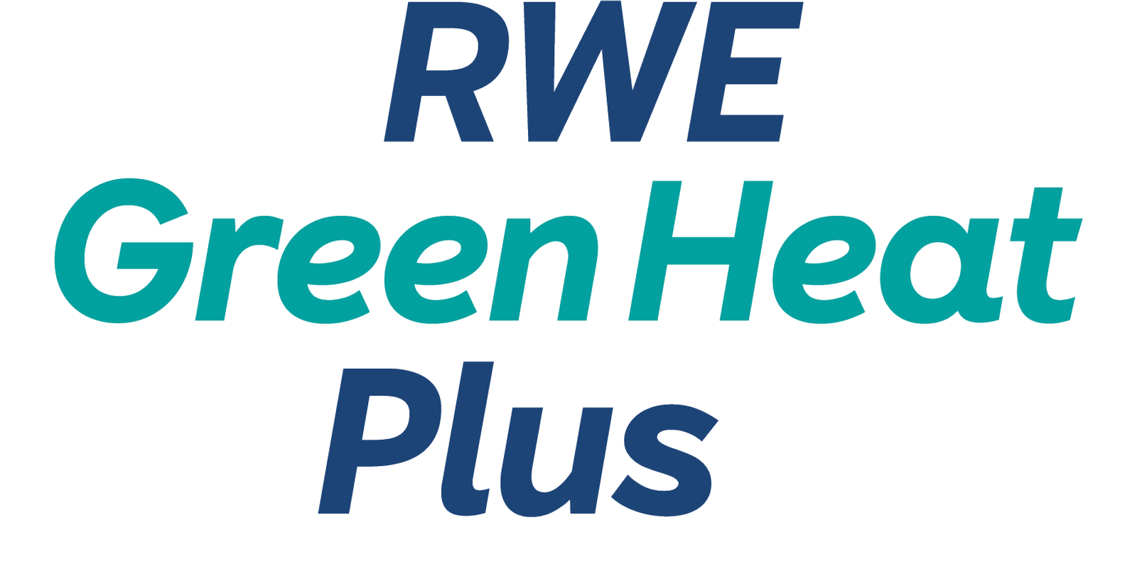 Das Logo von RWE GreenHeat Plus mit blauen und grünen Schriftzügen auf weißem Hintergrund.