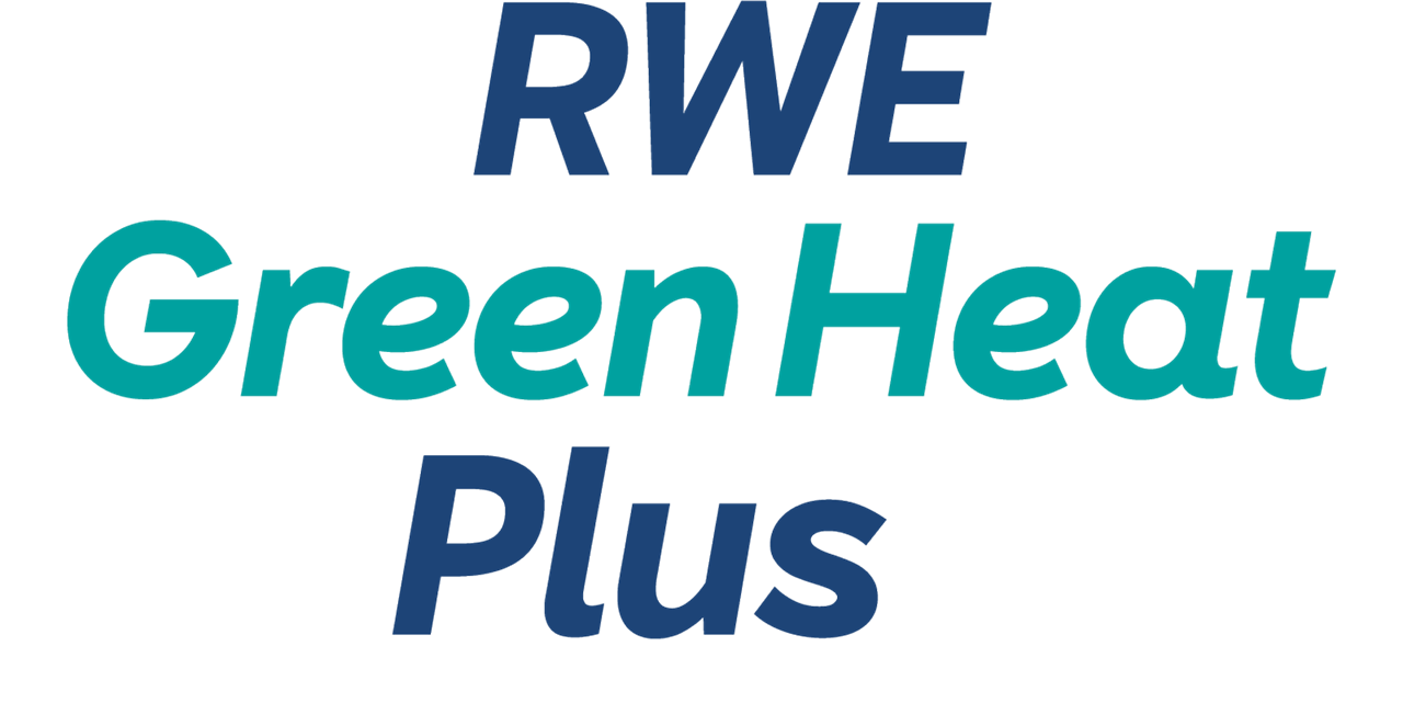 Das Logo von RWE GreenHeat Plus mit blauen und grünen Schriftzügen auf weißem Hintergrund.