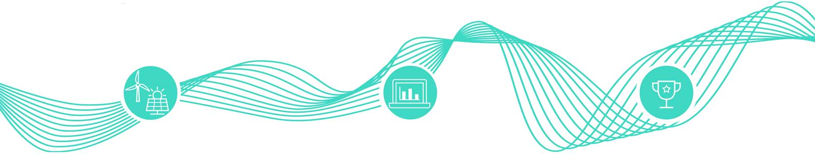Ein abstraktes Design mit fließenden Linien und Symbolen für Windenergie, Datenanalyse und Leistung.