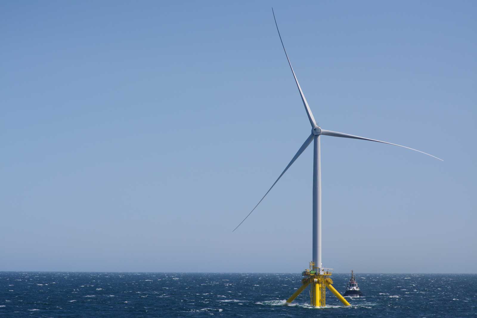 A large offshore wind turbine with a yellow base stands in the ocean, surrounded by waves under a clear blue sky.