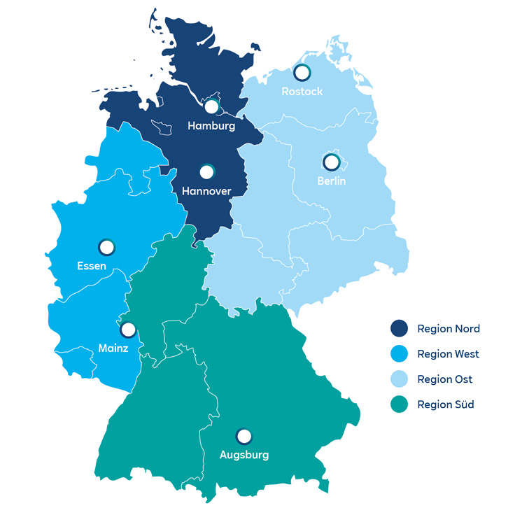 Eine farbige Karte Deutschlands zeigt verschiedene Regionen in Dunkelblau, Blau und Grün. Wichtige Städte sind markiert.