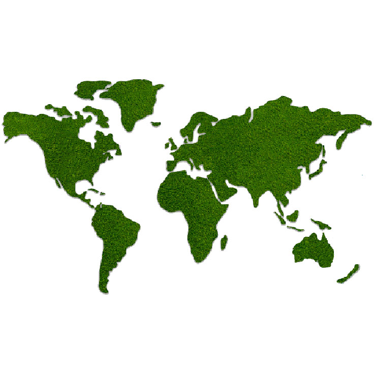 A green grass-covered world map, emphasising eco-friendliness and sustainability.